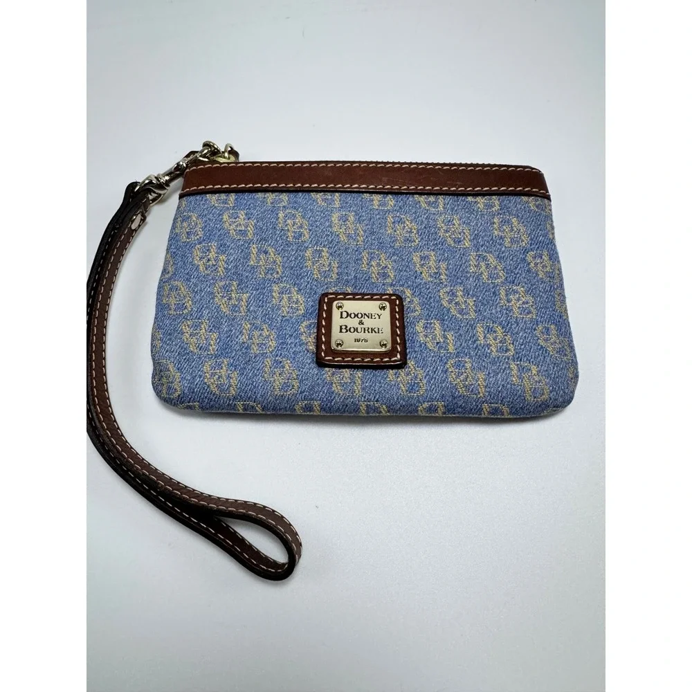 Dooney & Bourke Blue Denim Monogram Wristlet Pouch Brown Leather Trim Logo NWOT